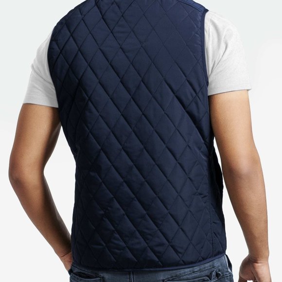 OLGYN Men Quilted Navy Blue Faux Leather Trim Vest - Picture 2 of 4